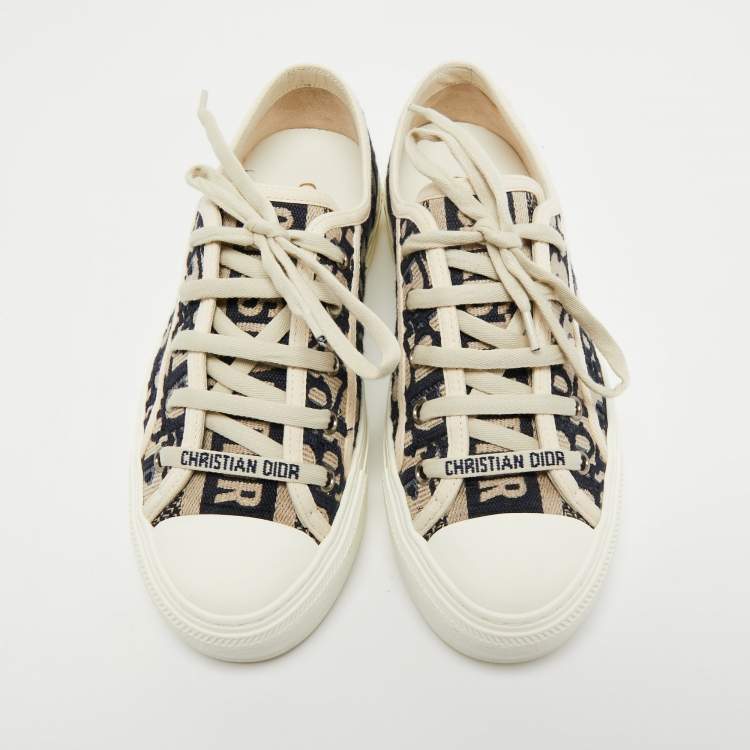 Pre Owned Dior Navy Blue/Off-White Oblique Fabric Walk'n'Dior Low Top Sneakers Size 36