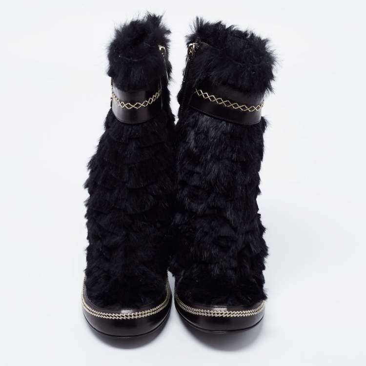 Pre Owned Dior Black Fur and Leather Ankle Length Booties Size 39