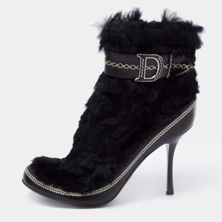 Pre Owned Dior Black Fur and Leather Ankle Length Booties Size 39