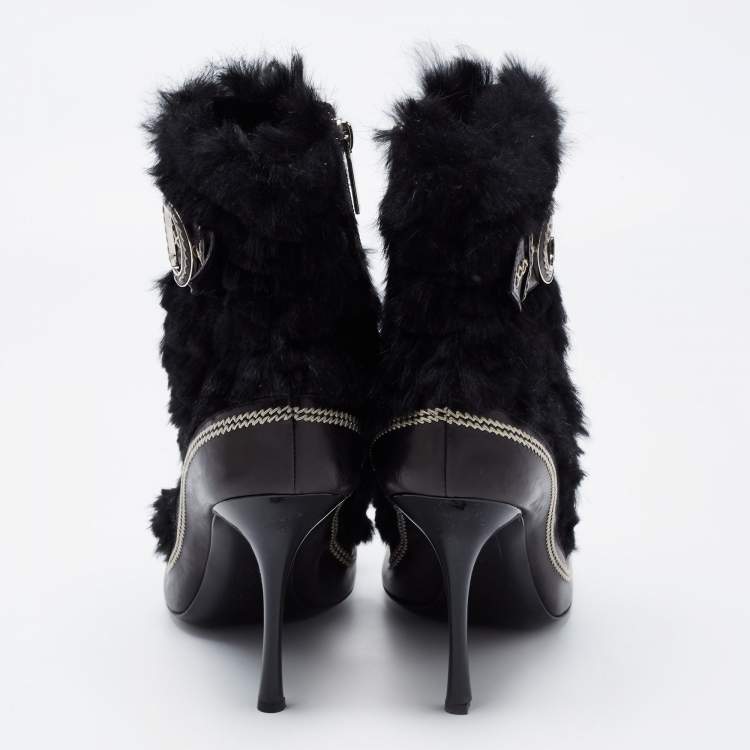 Pre Owned Dior Black Fur and Leather Ankle Length Booties Size 39