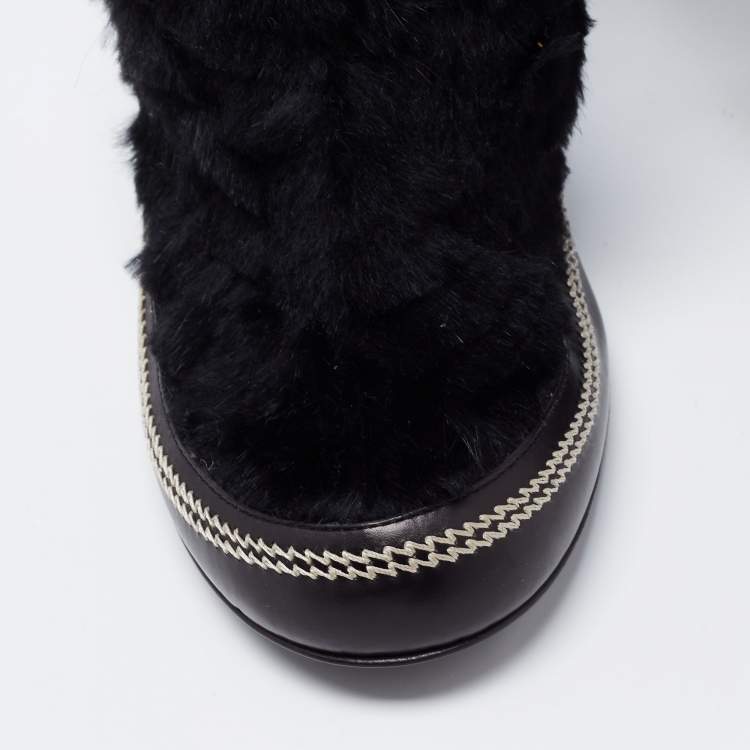 Pre Owned Dior Black Fur and Leather Ankle Length Booties Size 39