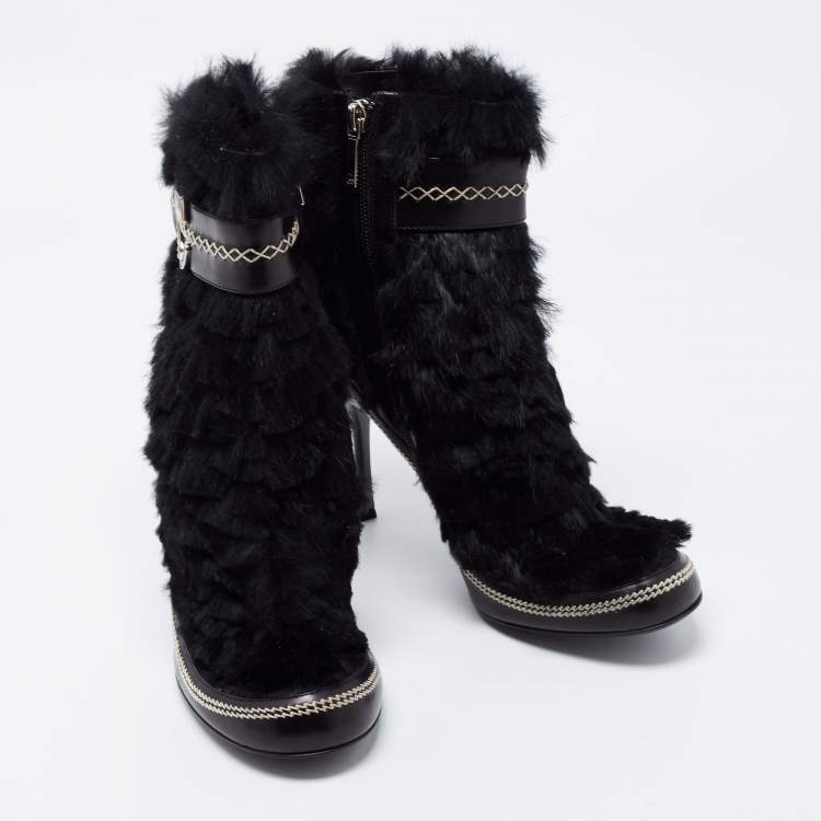 Pre Owned Dior Black Fur and Leather Ankle Length Booties Size 39