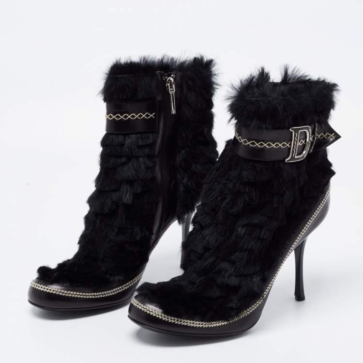 Pre Owned Dior Black Fur and Leather Ankle Length Booties Size 39