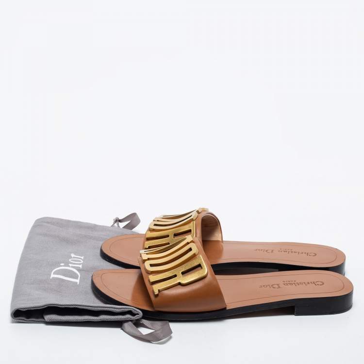 Pre Owned Christian Dior Tan Leather Dior Evolution Flat Slides Size 38