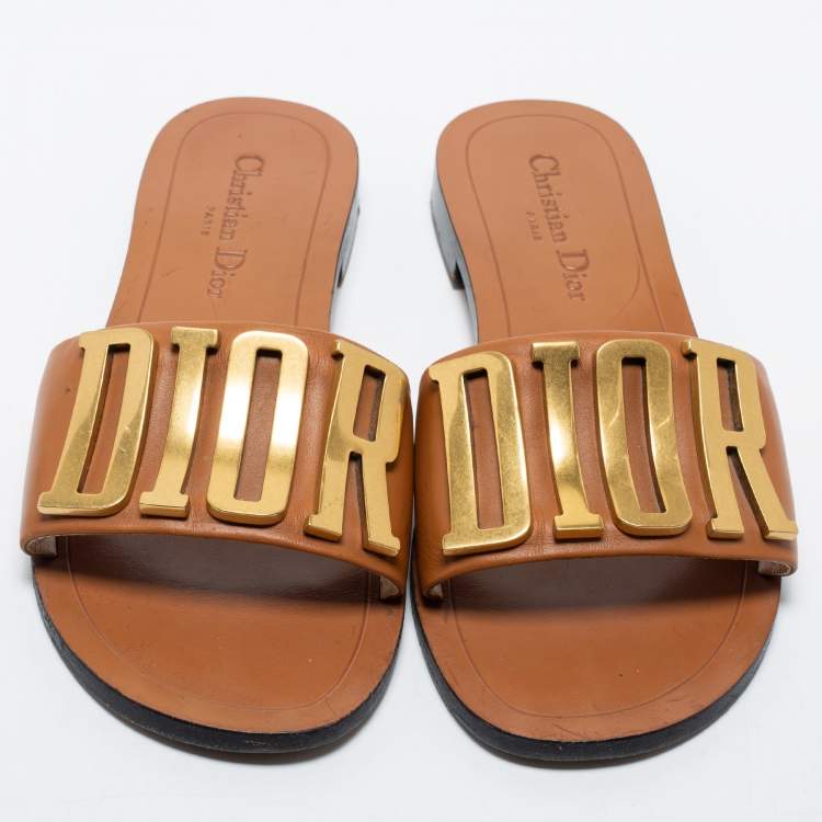 Pre Owned Christian Dior Tan Leather Dior Evolution Flat Slides Size 38