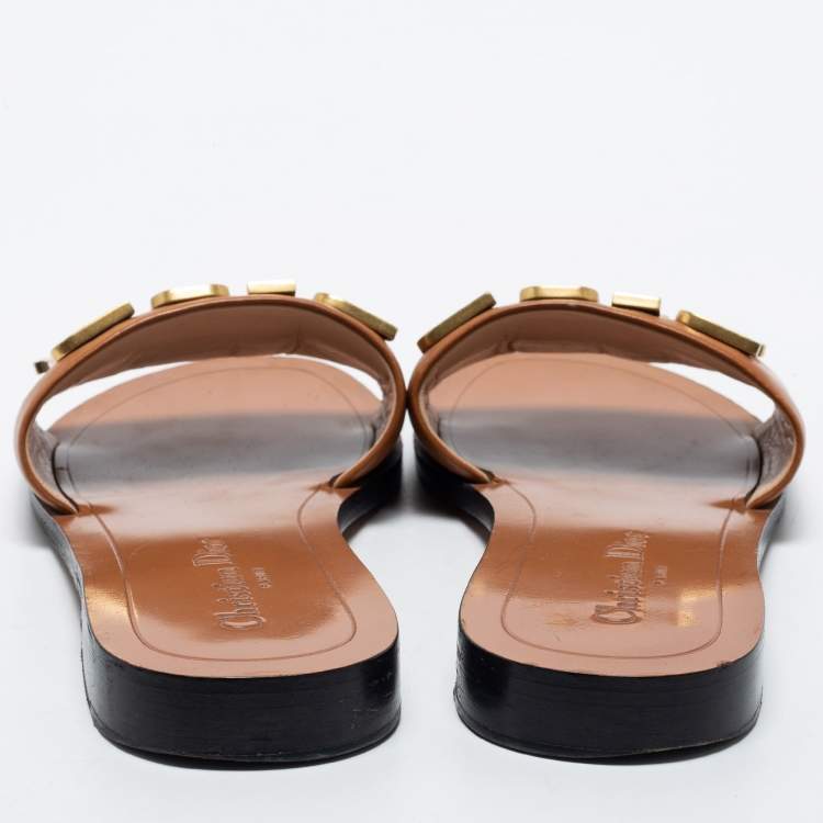 Pre Owned Christian Dior Tan Leather Dior Evolution Flat Slides Size 38