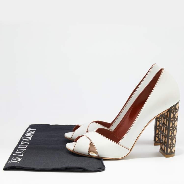 Pre Owned Dior White Leather Criss Cross Cannage Woodden Heel Open Toe Pumps Size 39