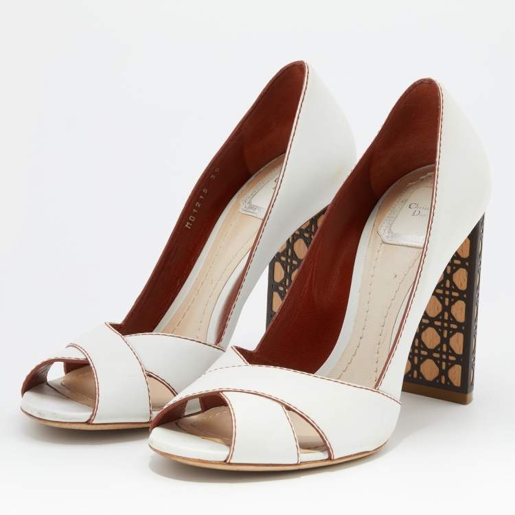 Pre Owned Dior White Leather Criss Cross Cannage Woodden Heel Open Toe Pumps Size 39