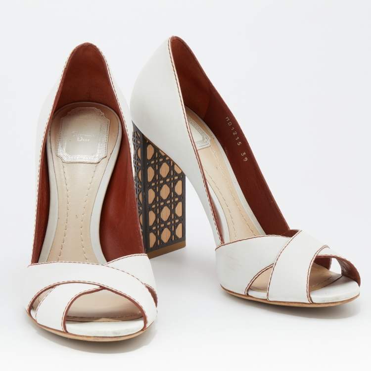 Pre Owned Dior White Leather Criss Cross Cannage Woodden Heel Open Toe Pumps Size 39