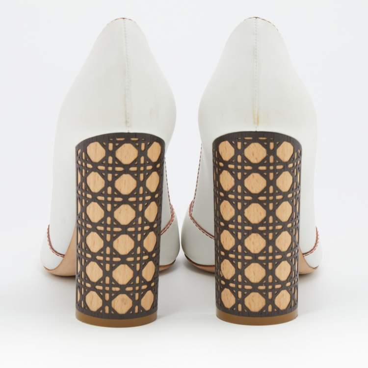 Pre Owned Dior White Leather Criss Cross Cannage Woodden Heel Open Toe Pumps Size 39