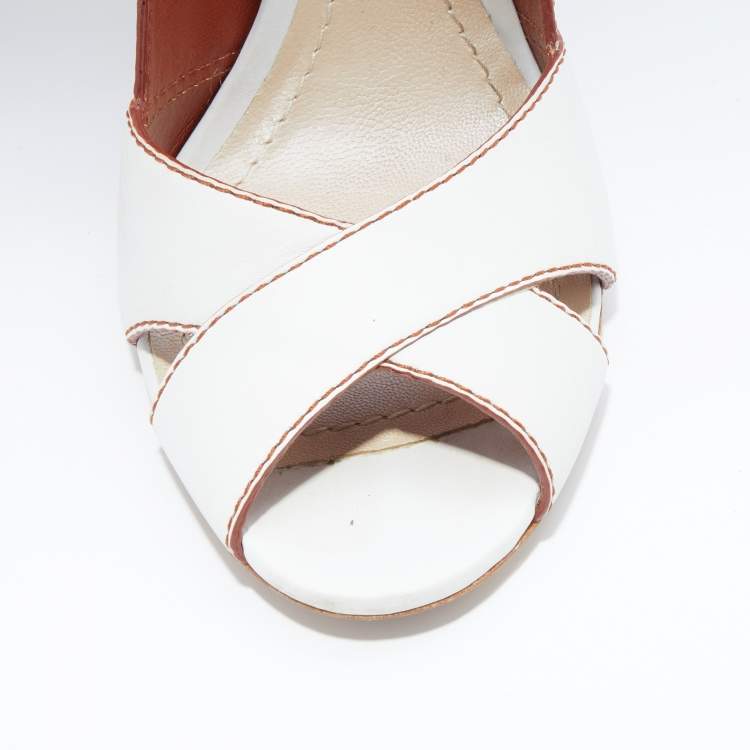 Pre Owned Dior White Leather Criss Cross Cannage Woodden Heel Open Toe Pumps Size 39