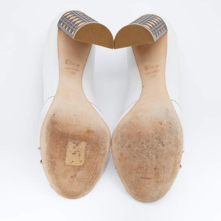 Pre Owned Dior White Leather Criss Cross Cannage Woodden Heel Open Toe Pumps Size 39