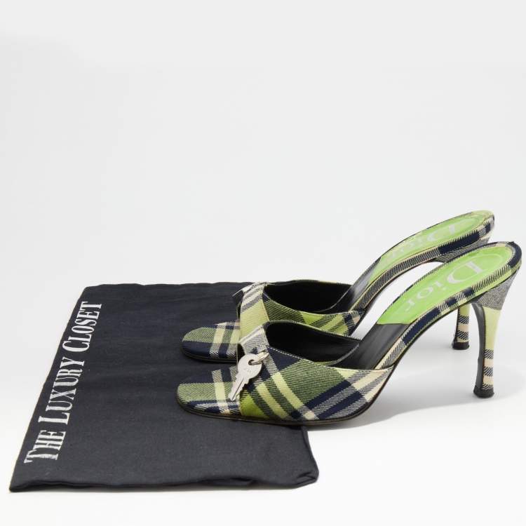 Pre Owned Dior Green/Black Check Canvas Lock and Key Slide Sandals Size 38.5