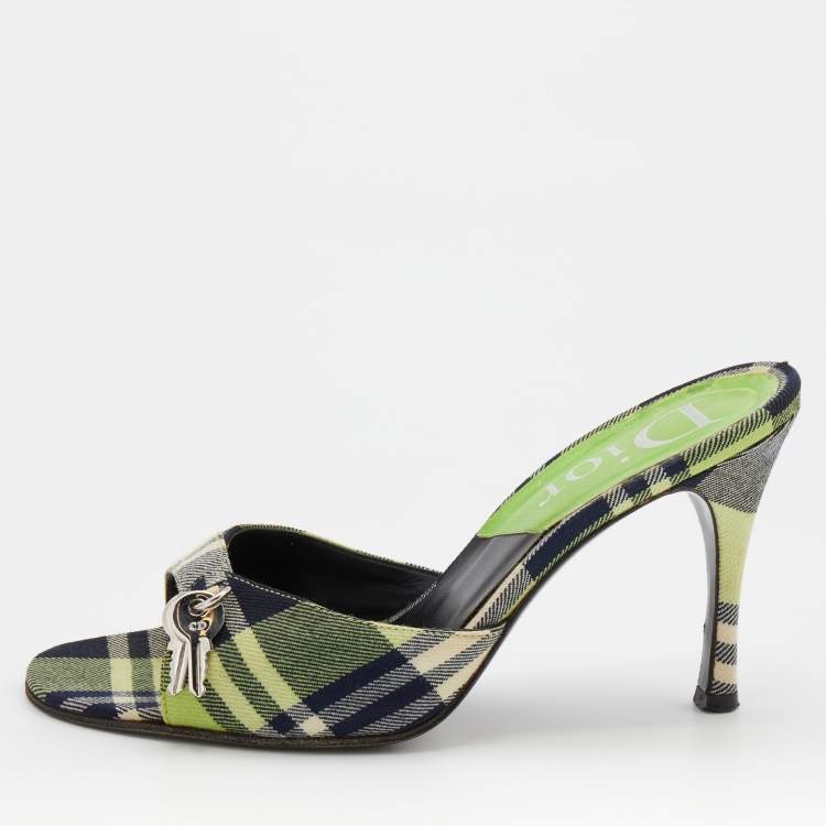 Pre Owned Dior Green/Black Check Canvas Lock and Key Slide Sandals Size 38.5