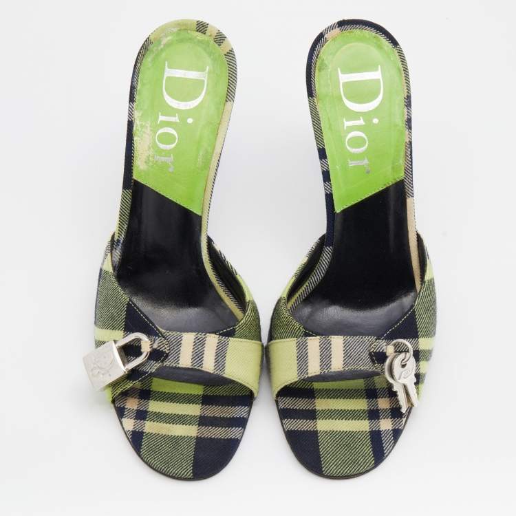 Pre Owned Dior Green/Black Check Canvas Lock and Key Slide Sandals Size 38.5