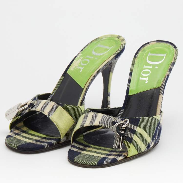 Pre Owned Dior Green/Black Check Canvas Lock and Key Slide Sandals Size 38.5