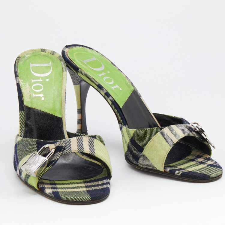 Pre Owned Dior Green/Black Check Canvas Lock and Key Slide Sandals Size 38.5