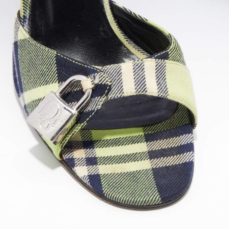 Pre Owned Dior Green/Black Check Canvas Lock and Key Slide Sandals Size 38.5