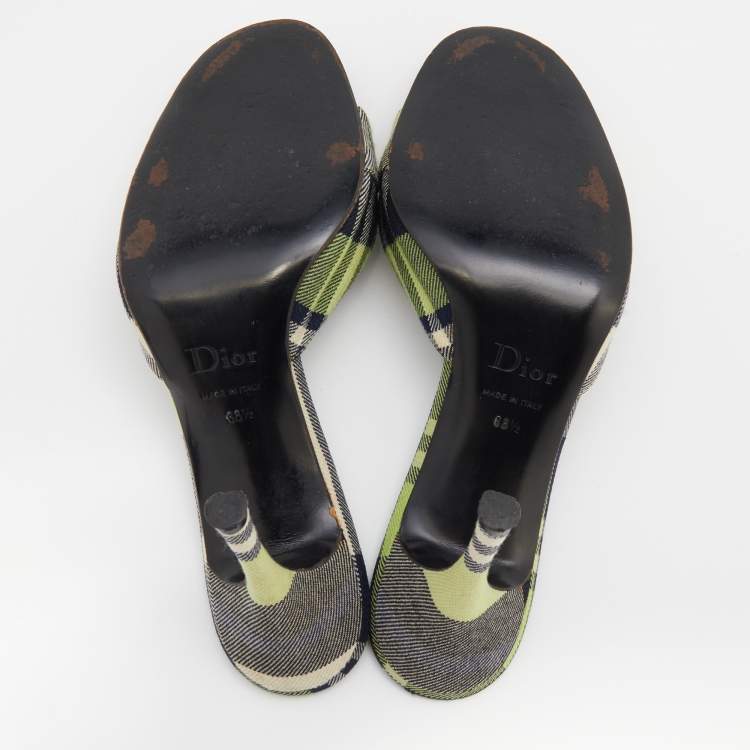 Pre Owned Dior Green/Black Check Canvas Lock and Key Slide Sandals Size 38.5