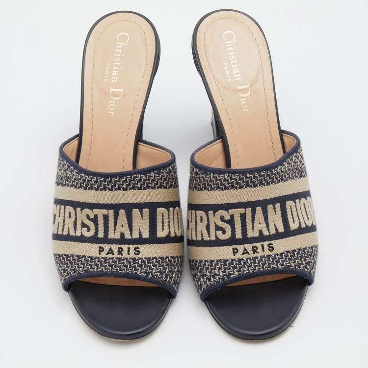Pre Owned Dior Navy Blue Canvas Dway Block Heel Slide Sandals Size 39