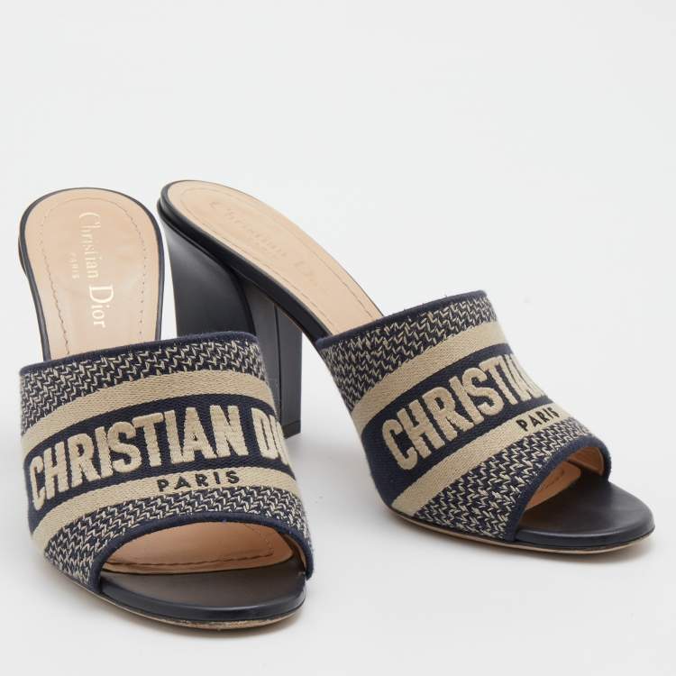 Pre Owned Dior Navy Blue Canvas Dway Block Heel Slide Sandals Size 39