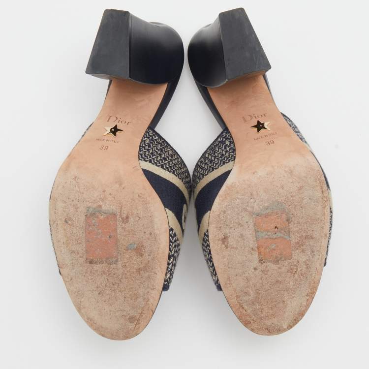 Pre Owned Dior Navy Blue Canvas Dway Block Heel Slide Sandals Size 39