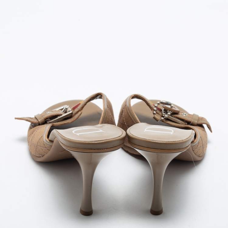 Pre Owned Dior Light Brown Cannage Canvas Buckle Slide Sandals Size 39