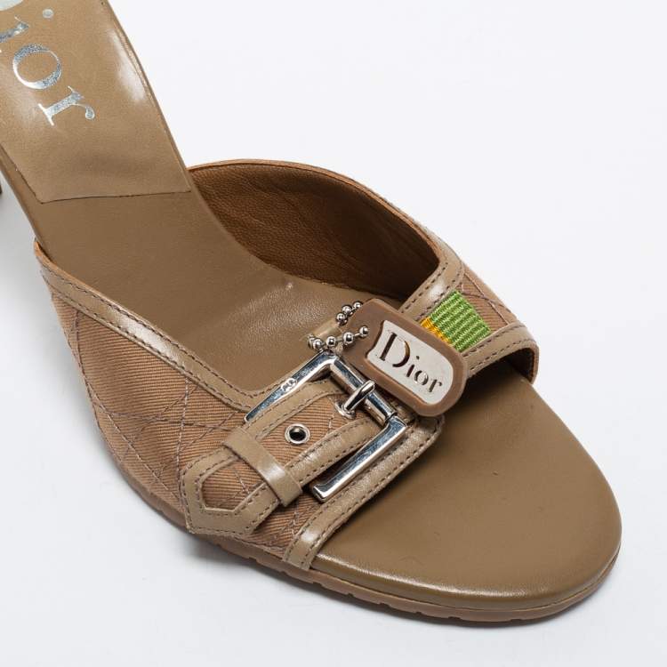 Pre Owned Dior Light Brown Cannage Canvas Buckle Slide Sandals Size 39
