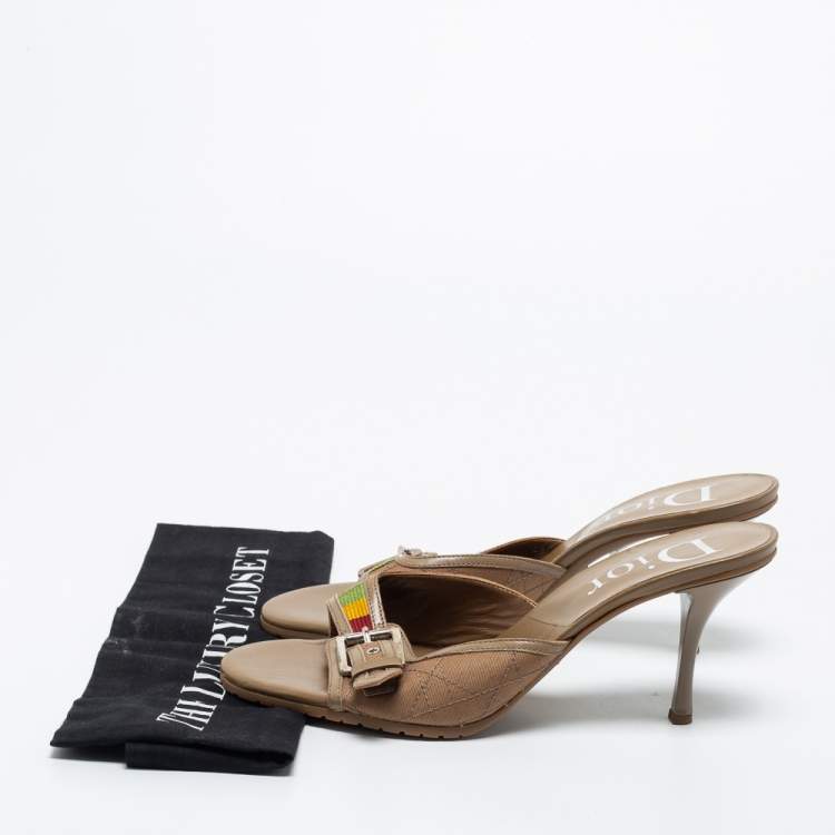Pre Owned Dior Light Brown Cannage Canvas Buckle Slide Sandals Size 39