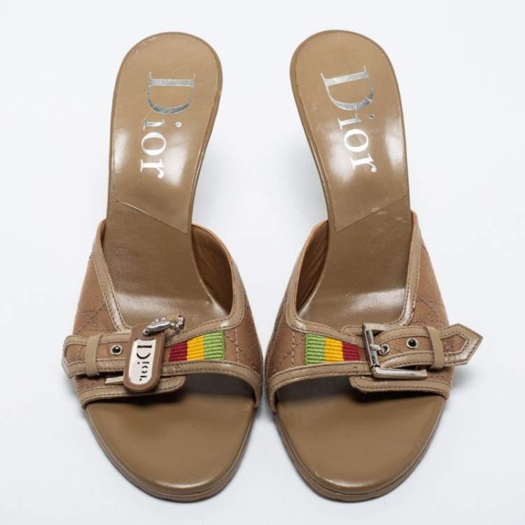 Pre Owned Dior Light Brown Cannage Canvas Buckle Slide Sandals Size 39