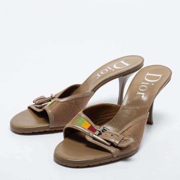 Pre Owned Dior Light Brown Cannage Canvas Buckle Slide Sandals Size 39