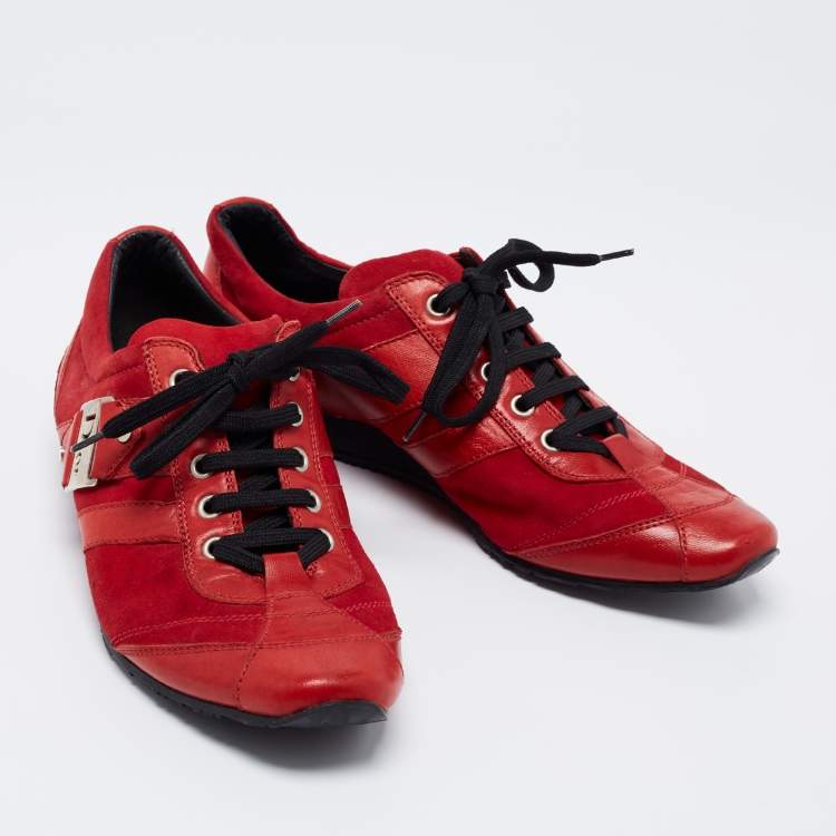 Pre Owned Dior Red Leather and Suede Low Top Sneakers Size 39