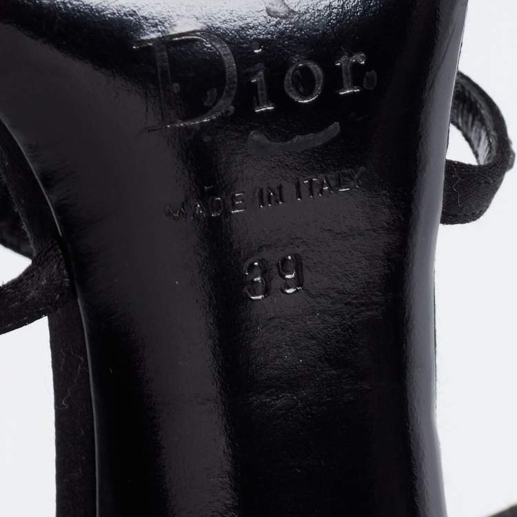 Pre Owned Dior Black Crystal Embellished Satin and Ribbon Bow Ankle Strap Sandals Size 39