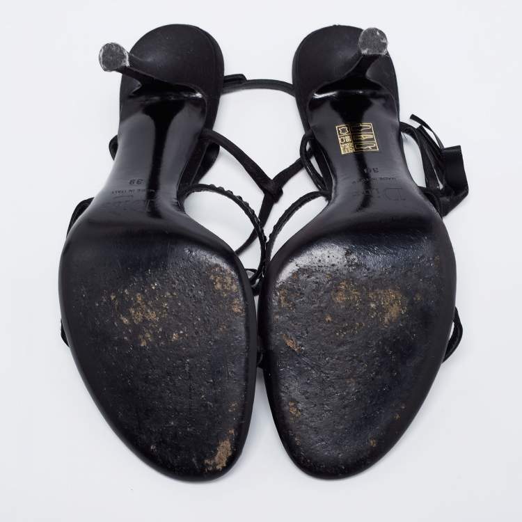 Pre Owned Dior Black Crystal Embellished Satin and Ribbon Bow Ankle Strap Sandals Size 39