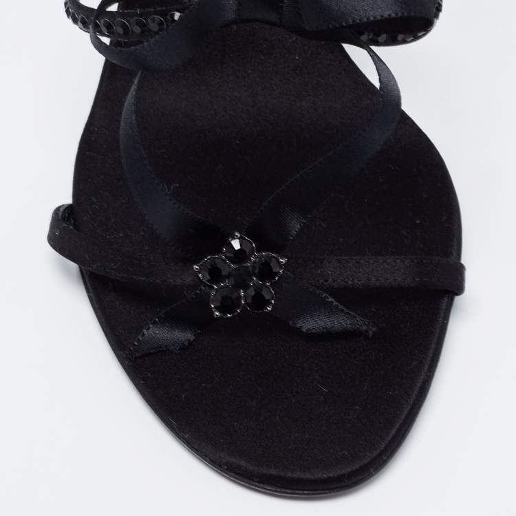 Pre Owned Dior Black Crystal Embellished Satin and Ribbon Bow Ankle Strap Sandals Size 39