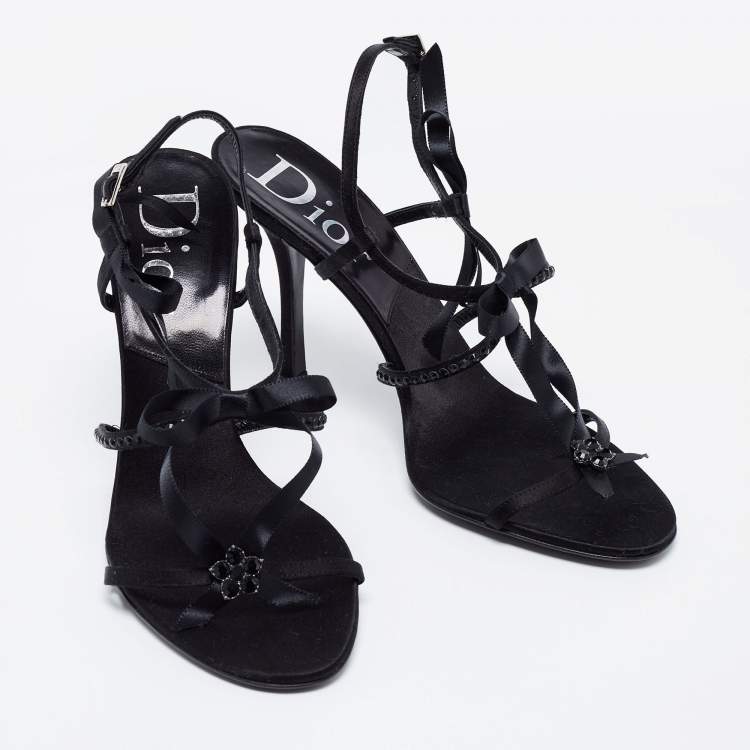 Pre Owned Dior Black Crystal Embellished Satin and Ribbon Bow Ankle Strap Sandals Size 39