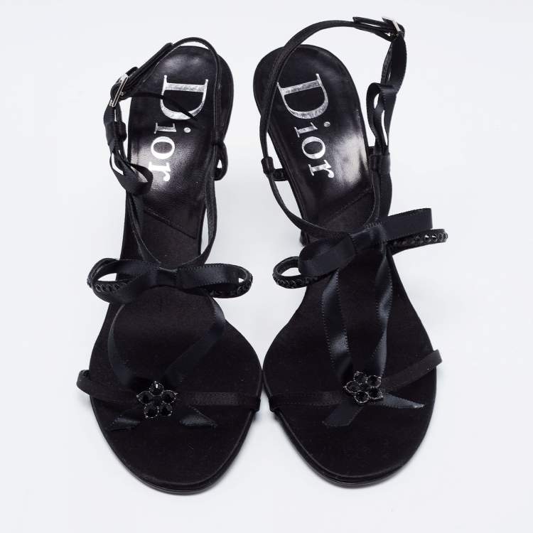 Pre Owned Dior Black Crystal Embellished Satin and Ribbon Bow Ankle Strap Sandals Size 39