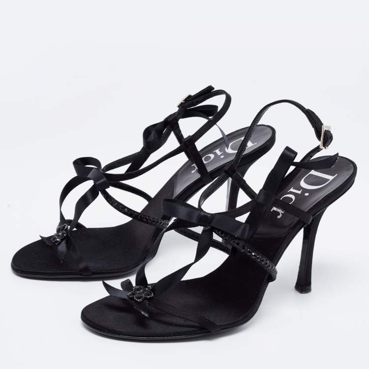 Pre Owned Dior Black Crystal Embellished Satin and Ribbon Bow Ankle Strap Sandals Size 39
