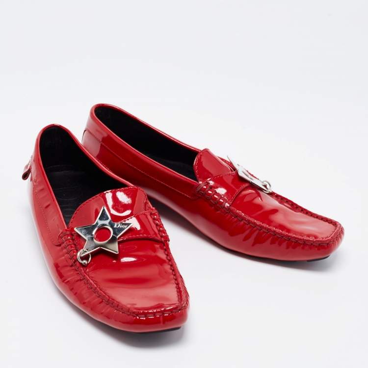Pre Owned Dior Red Patent Leather Star Charm Loafers Size 39