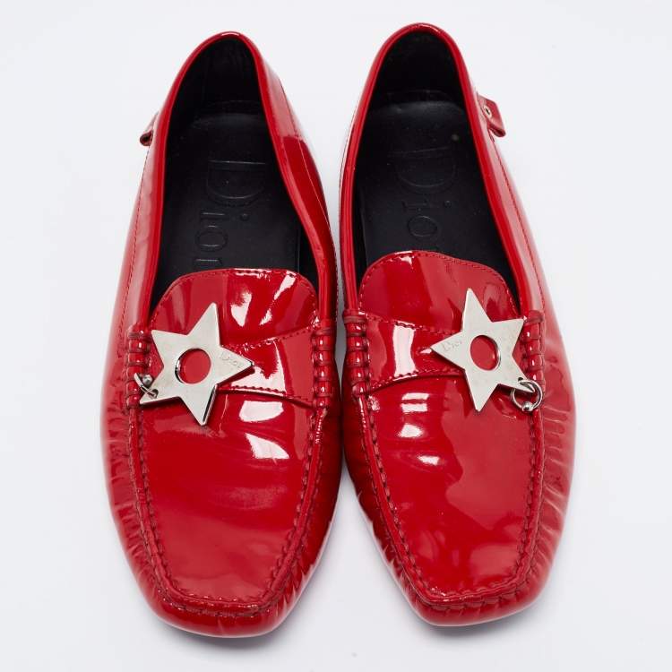 Pre Owned Dior Red Patent Leather Star Charm Loafers Size 39