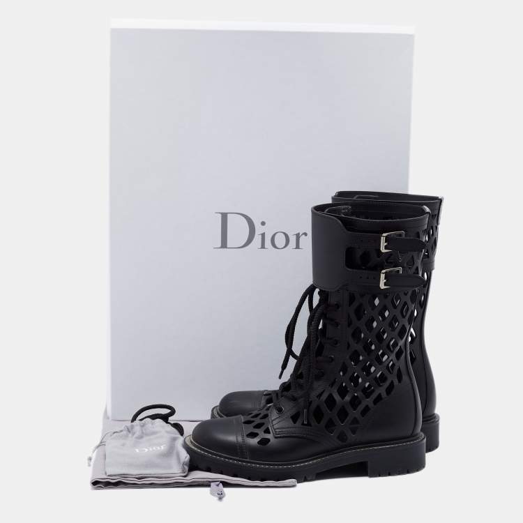 Pre Owned Dior Black Leather Lasercut Accent Combat Boots Size 37