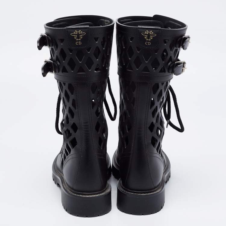 Pre Owned Dior Black Leather Lasercut Accent Combat Boots Size 37