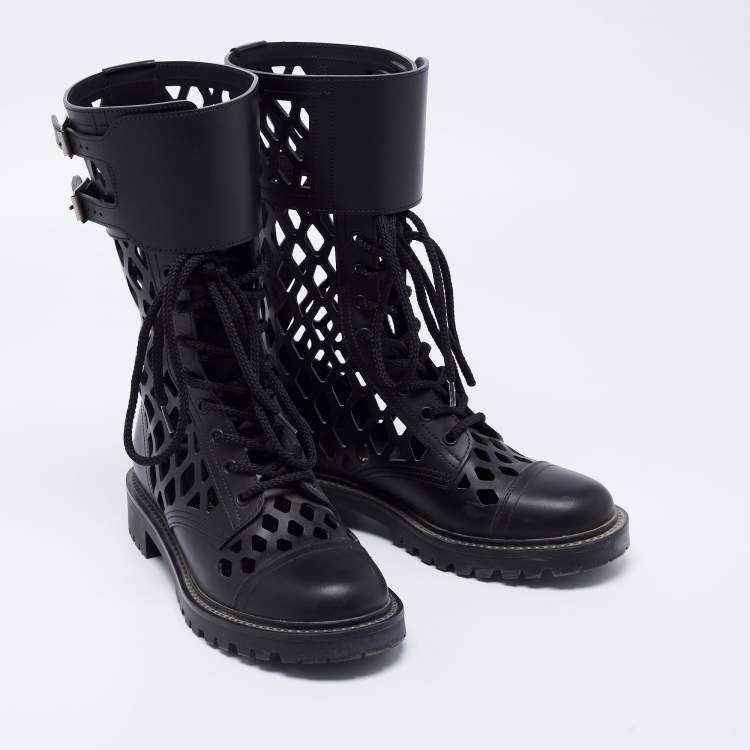 Pre Owned Dior Black Leather Lasercut Accent Combat Boots Size 37