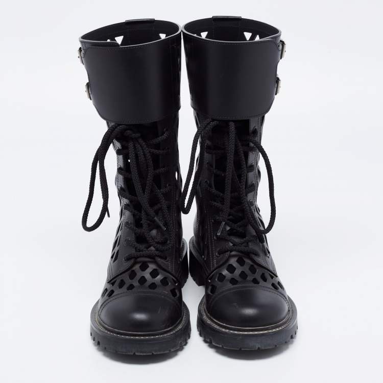 Pre Owned Dior Black Leather Lasercut Accent Combat Boots Size 37