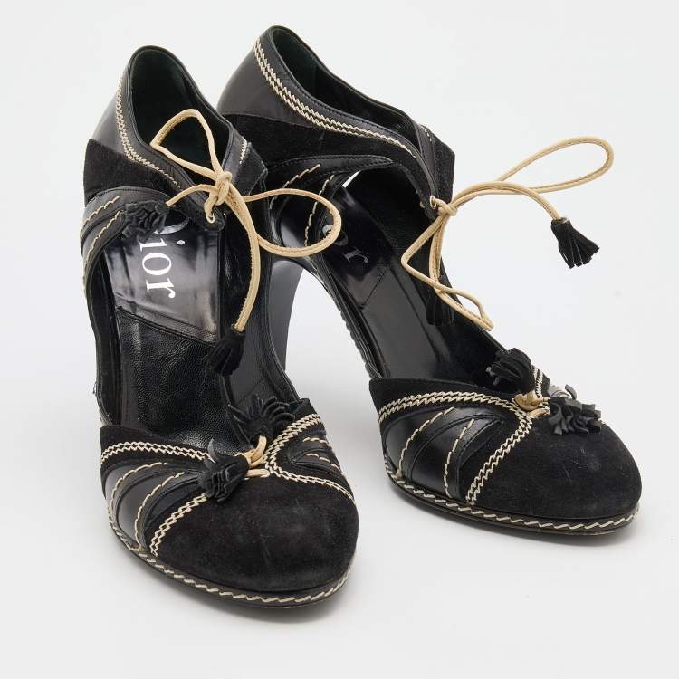 Pre Owned Dior Black Suede and Leather Whipstitch Tassel Pumps Size 40