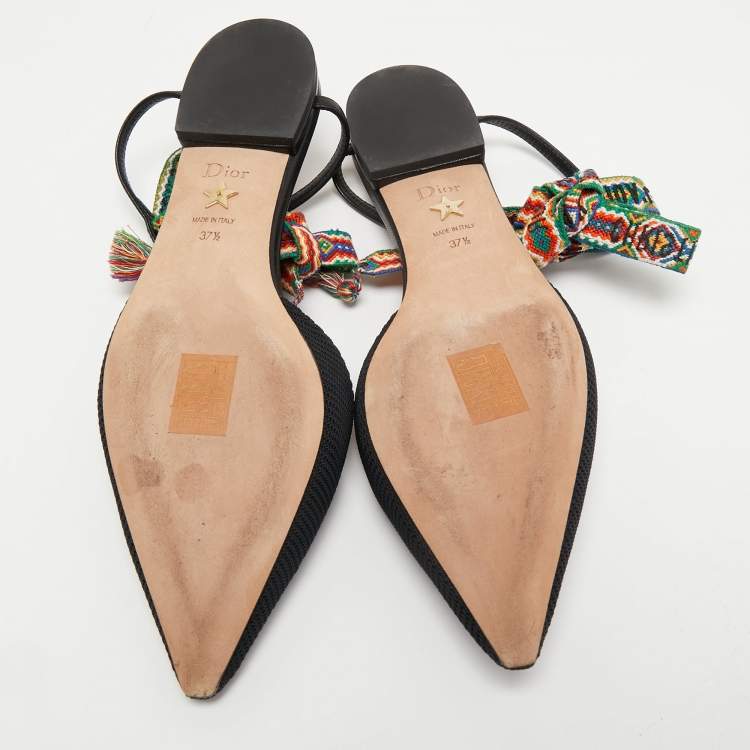 Pre Owned Dior Black Fabric J'adior Pointed Toe Ankle Wrap Flats  Size 37.5