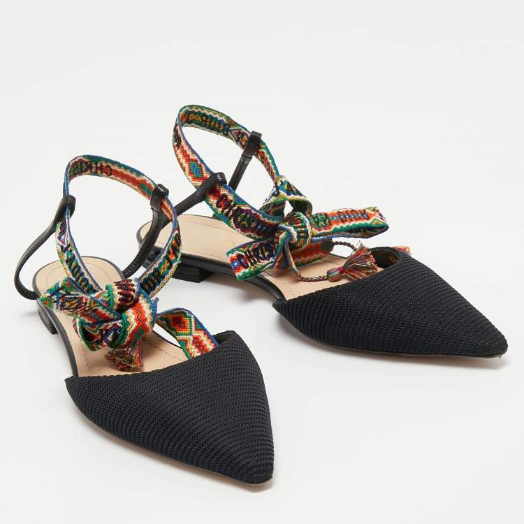 Pre Owned Dior Black Fabric J'adior Pointed Toe Ankle Wrap Flats  Size 37.5