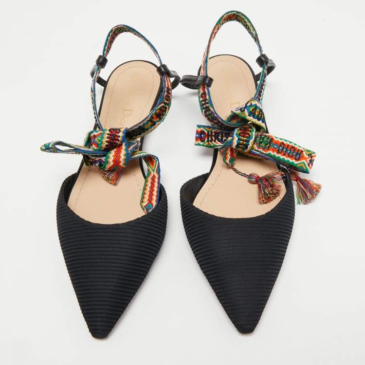 Pre Owned Dior Black Fabric J'adior Pointed Toe Ankle Wrap Flats  Size 37.5