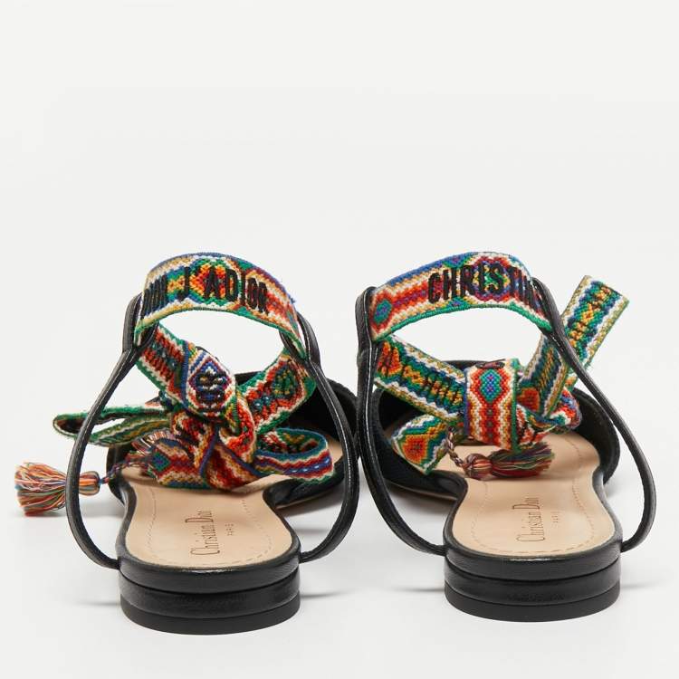 Pre Owned Dior Black Fabric J'adior Pointed Toe Ankle Wrap Flats  Size 37.5