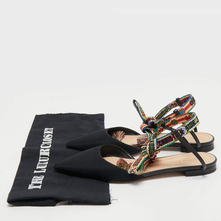 Pre Owned Dior Black Fabric J'adior Pointed Toe Ankle Wrap Flats  Size 37.5